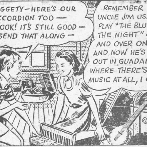 A World War II-era cartoon promoting instrument drives for service members.
